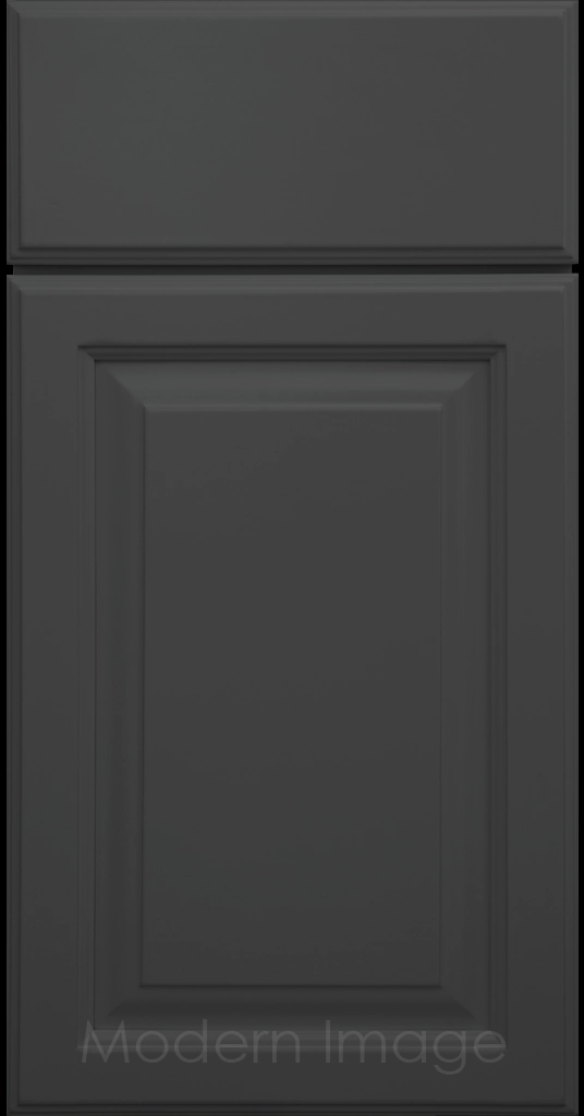 Hampton kitchen cabinets featuring raised panel doors and flat slab drawer fronts in a Iron Ore color.